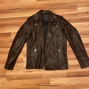Men’s brown faux vegan leather biker jacket small